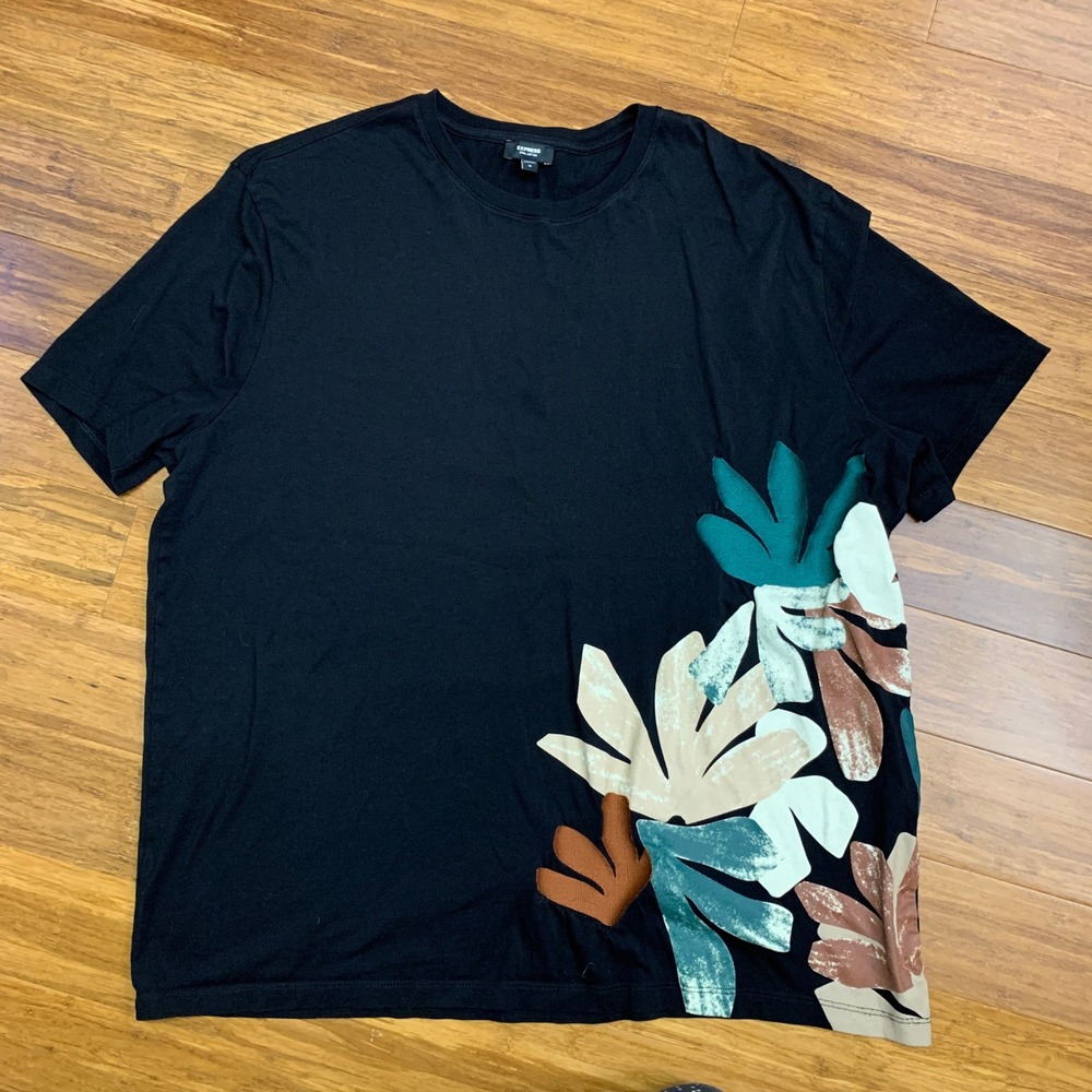 Express Pima Cotton Black Floral Print T-Shirt Women's Size XL Short‎ Sleeve Tee